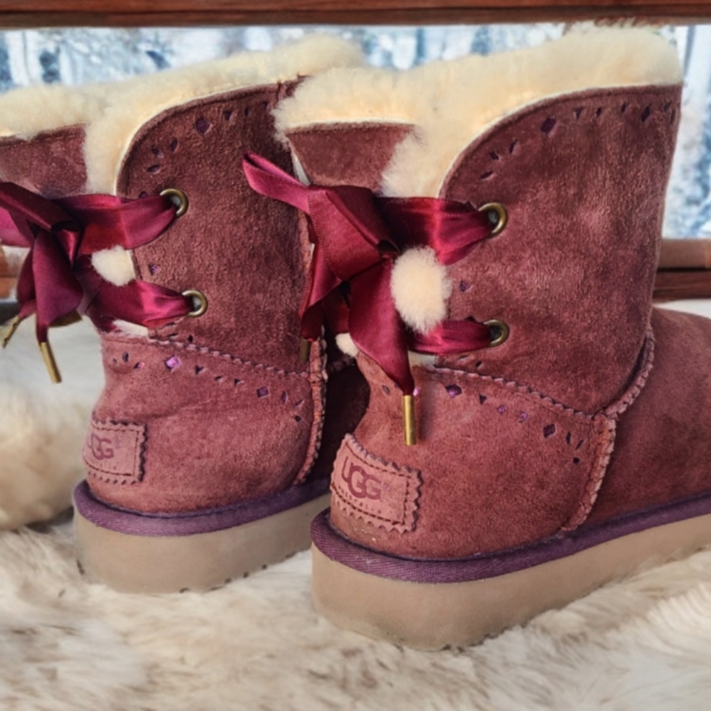 UGG Mini Purple Suede Boots Velvet Bow Shearling Lining